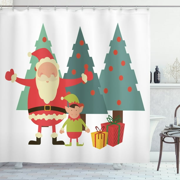 Santa Claus Xmas Tree Shower Curtain Liner & Hooks Set Bathroom Polyester Fabric